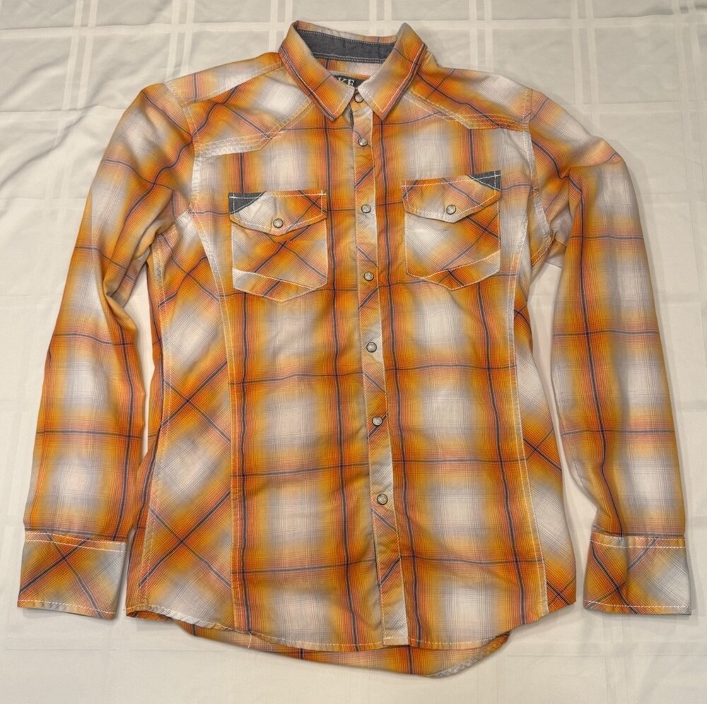 BKE Shirt Mens Medium Orange Plaid Tailored Fit Western Pearl Snap Long Sleeve